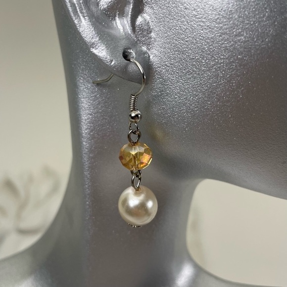 White Pearl and AB Crystal Drop Earrings - Picture 3 of 8